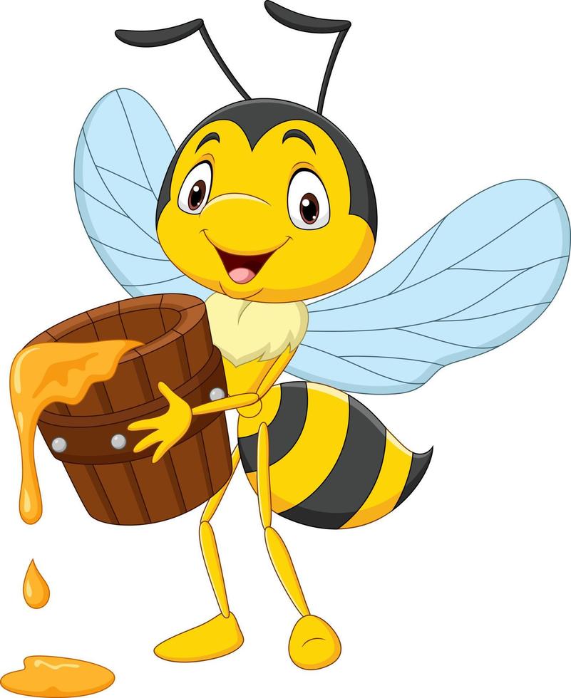 Cartoon cute little bee holding honey bucket vector