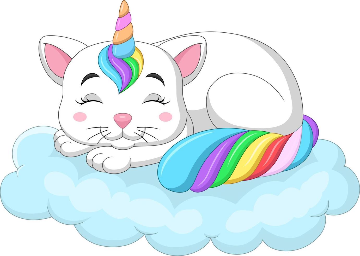 gato lindo unicornio de dibujos animados durmiendo en la nube del arco iris vector