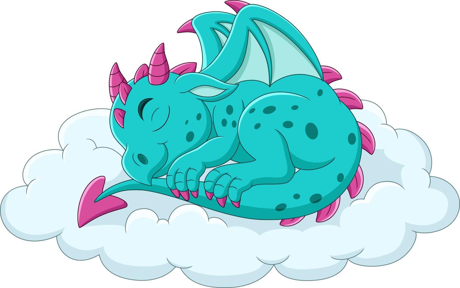 dragón azul bebé de dibujos animados durmiendo en una nube vector