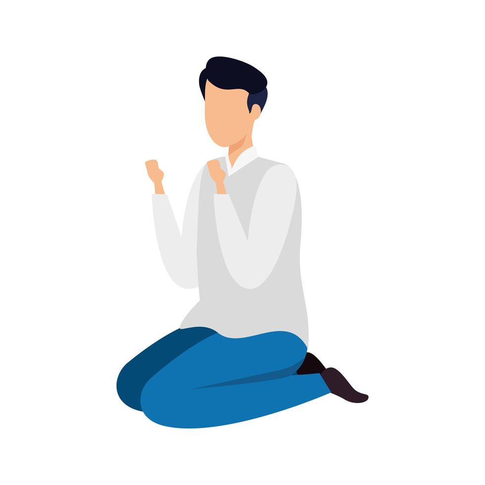 muslim man on his knees with traditional clothes on white background vector