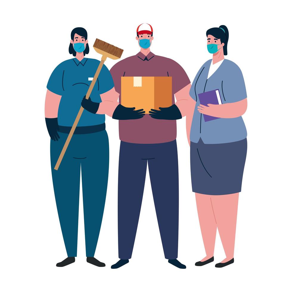 Female cleaner and delivery man with masks vector design