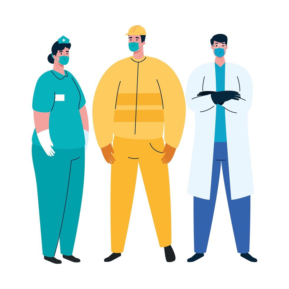 Female and male constructer doctor and nurse with masks vector design