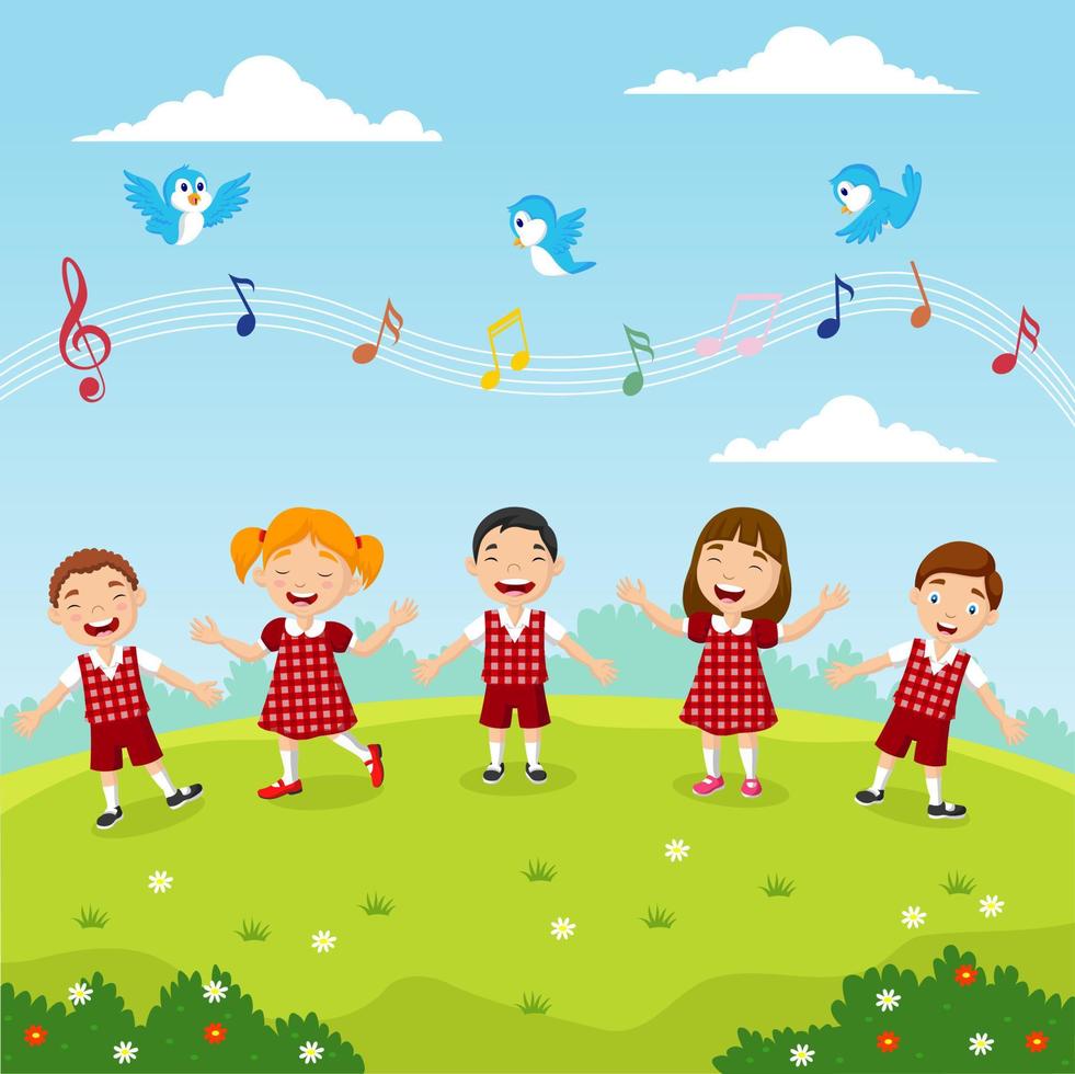 Cartoon group of children singing in the park vector