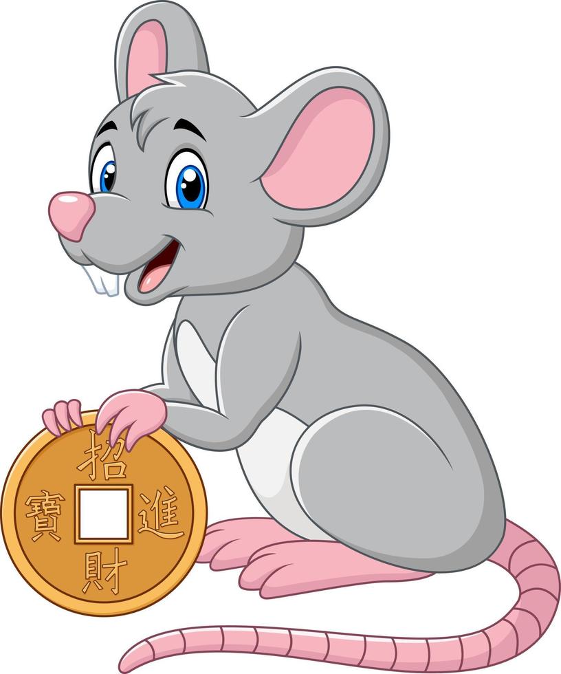 Funny cartoon Rat as symbol of new year 2020 holding gold coin. Chinese translation vector