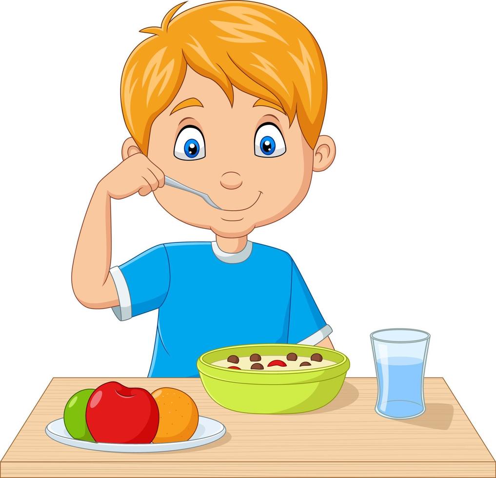 Cartoon little boy having breakfast cereals with fruits vector