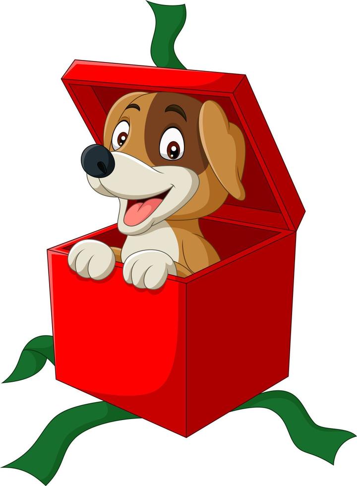 Cartoon dog peeking out of red gift box vector