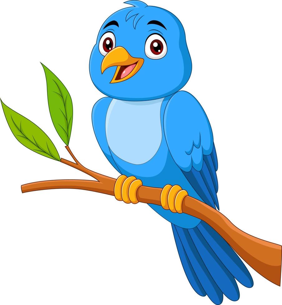 Cartoon blue bird sitting on tree branch vector