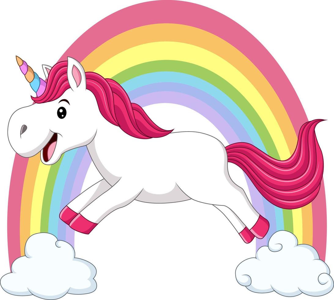 Cute magical unicorn walking on the clouds and rainbow vector