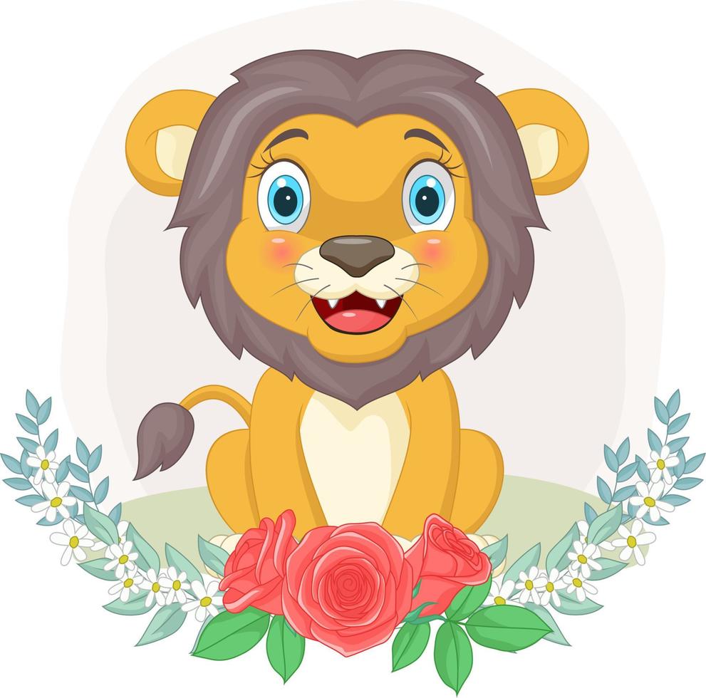 León lindo de dibujos animados sentado con fondo de flores vector