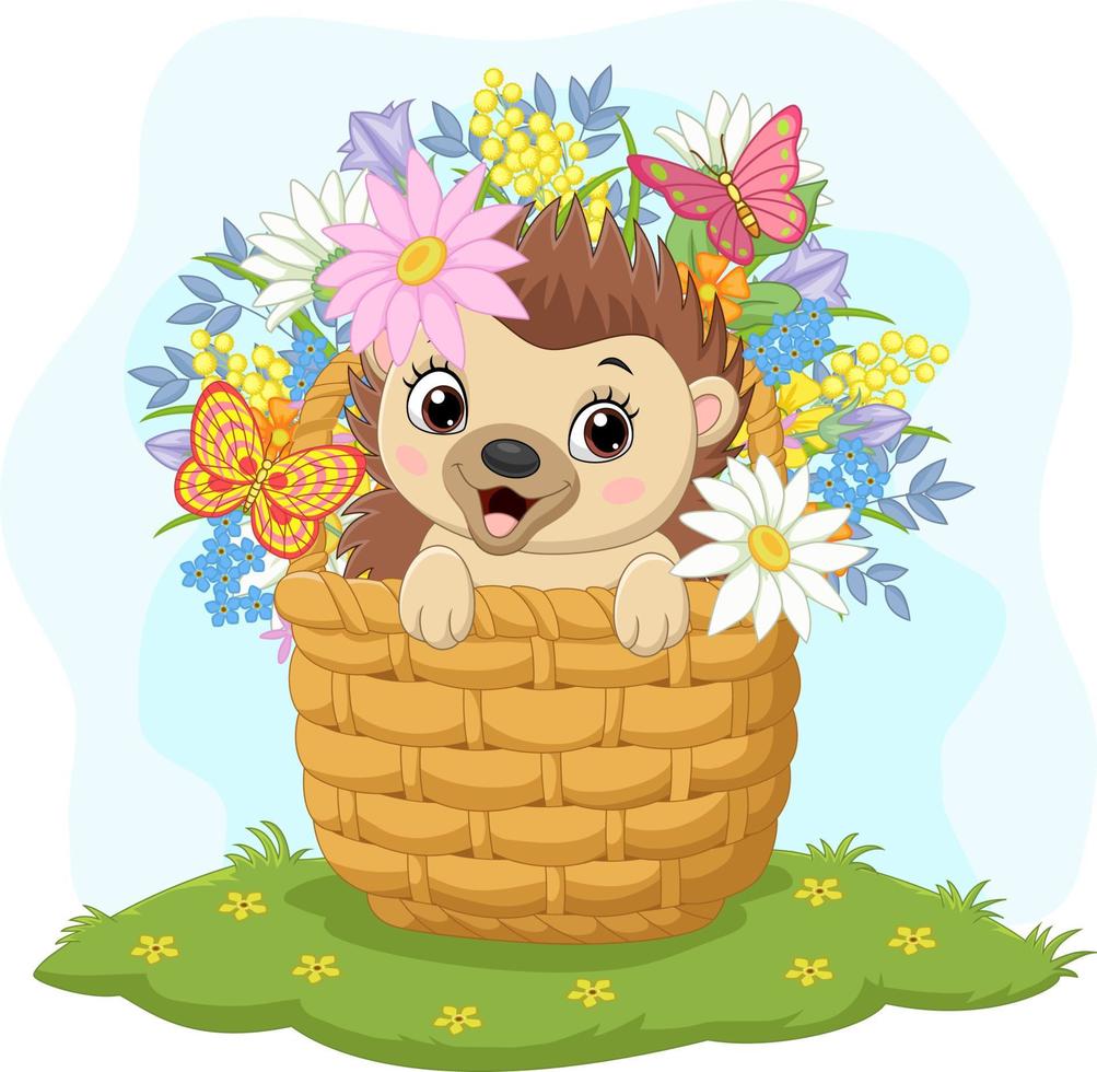 Cartoon baby hedgehog sitting in a basket vector