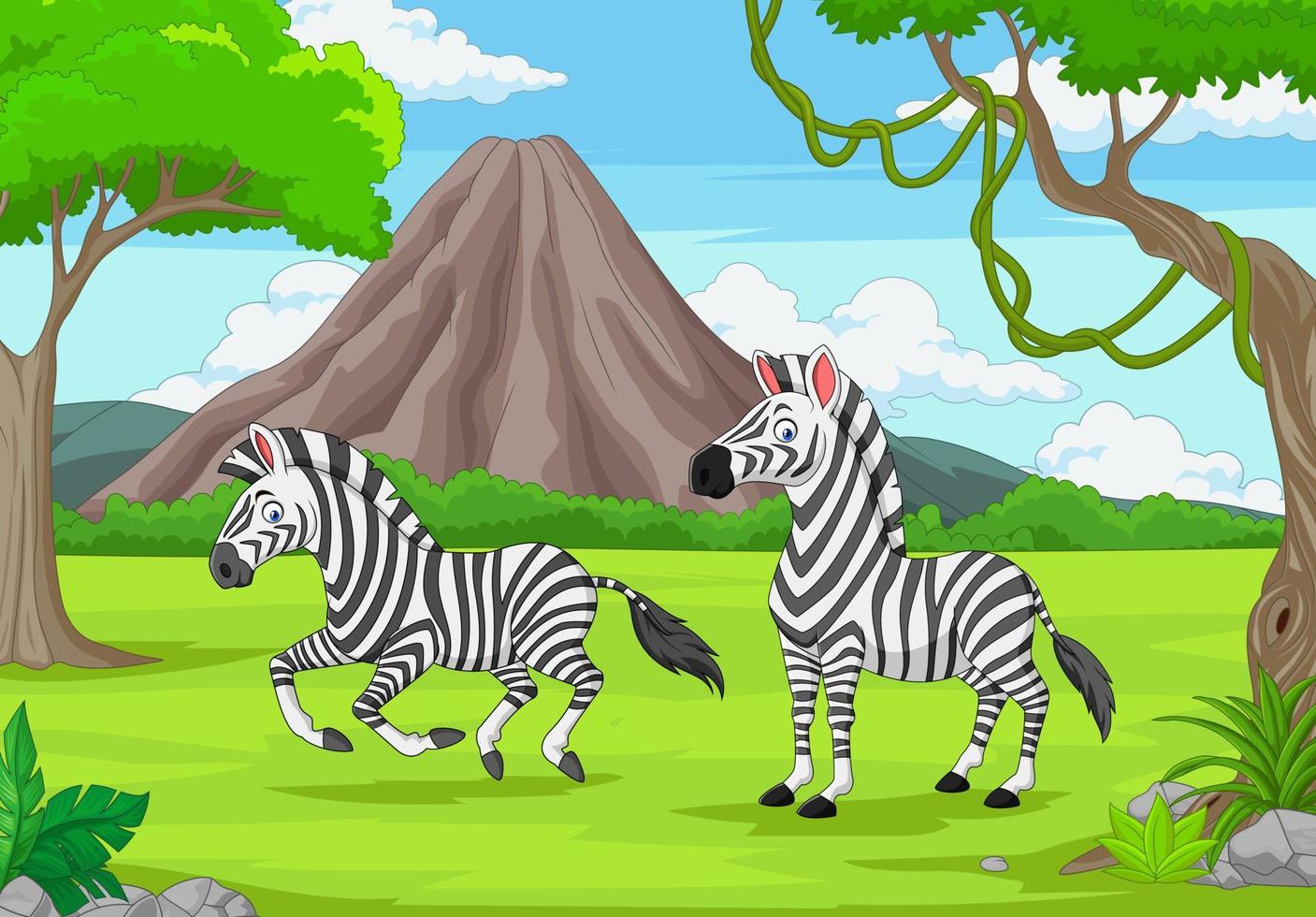 Cartoon two zebras in the jungle vector