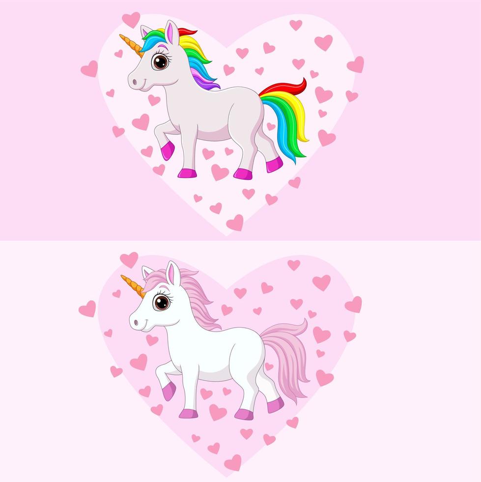 Cute pink and white unicorns with various colors manes and tails vector