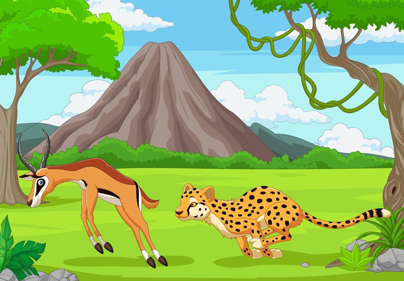 The cheetah is chasing an impala in an African savanna vector