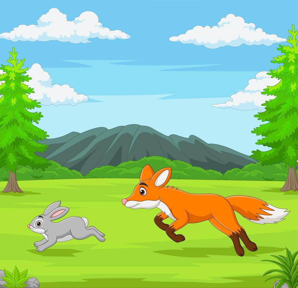 The fox is chasing a rabbit in an African savanna vector