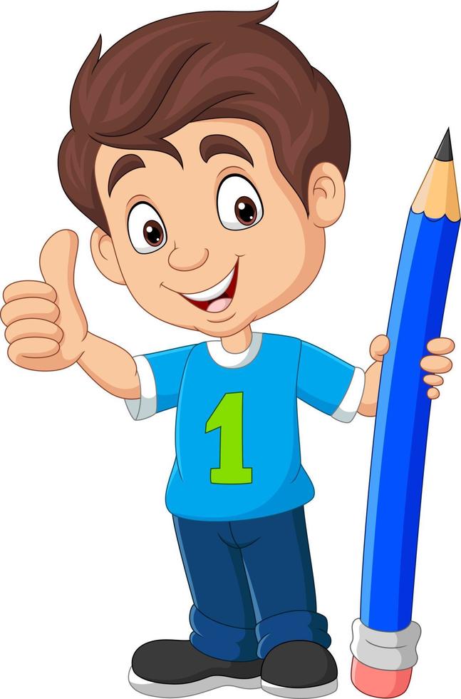niño de dibujos animados sosteniendo un lápiz grande y mostrando el pulgar hacia arriba vector