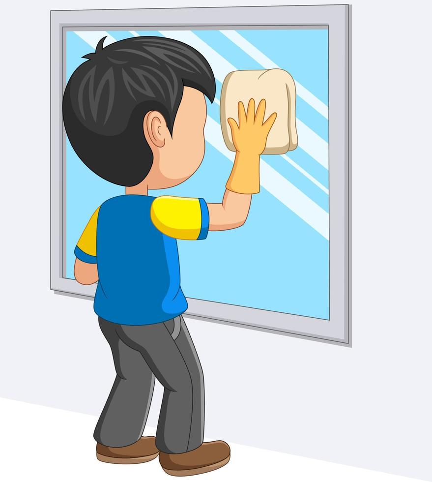 Cartoon little boy cleaning mirror vector