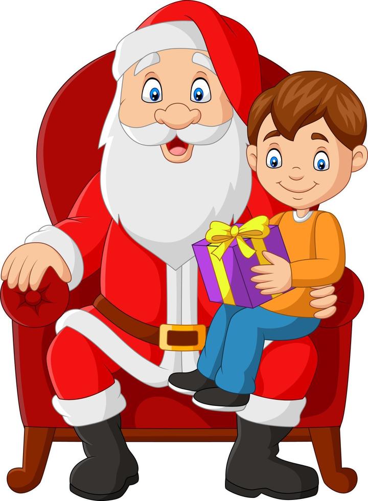 Santa claus sitting in chair with a little cute boy vector