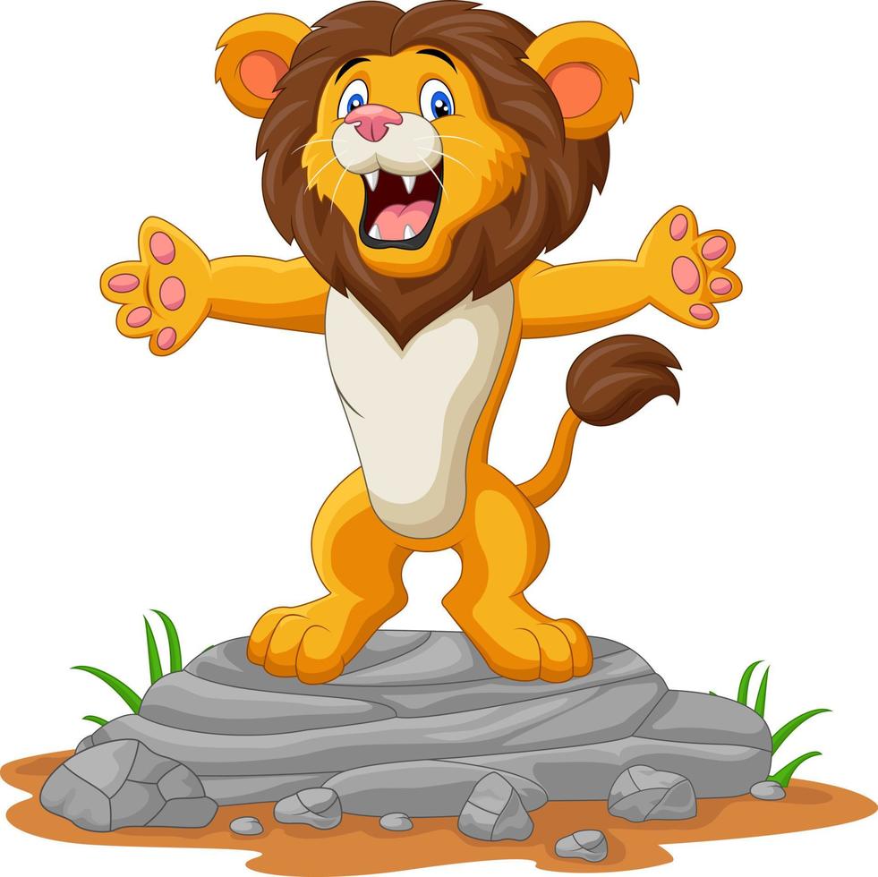 león de dibujos animados feliz posando en la roca vector