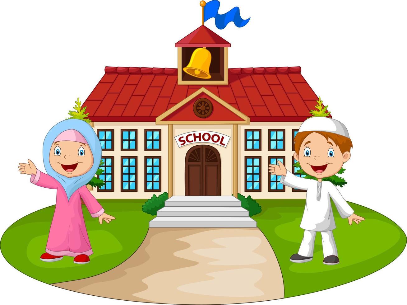 Happy cartoon Muslim kids in front of school building waving hand vector