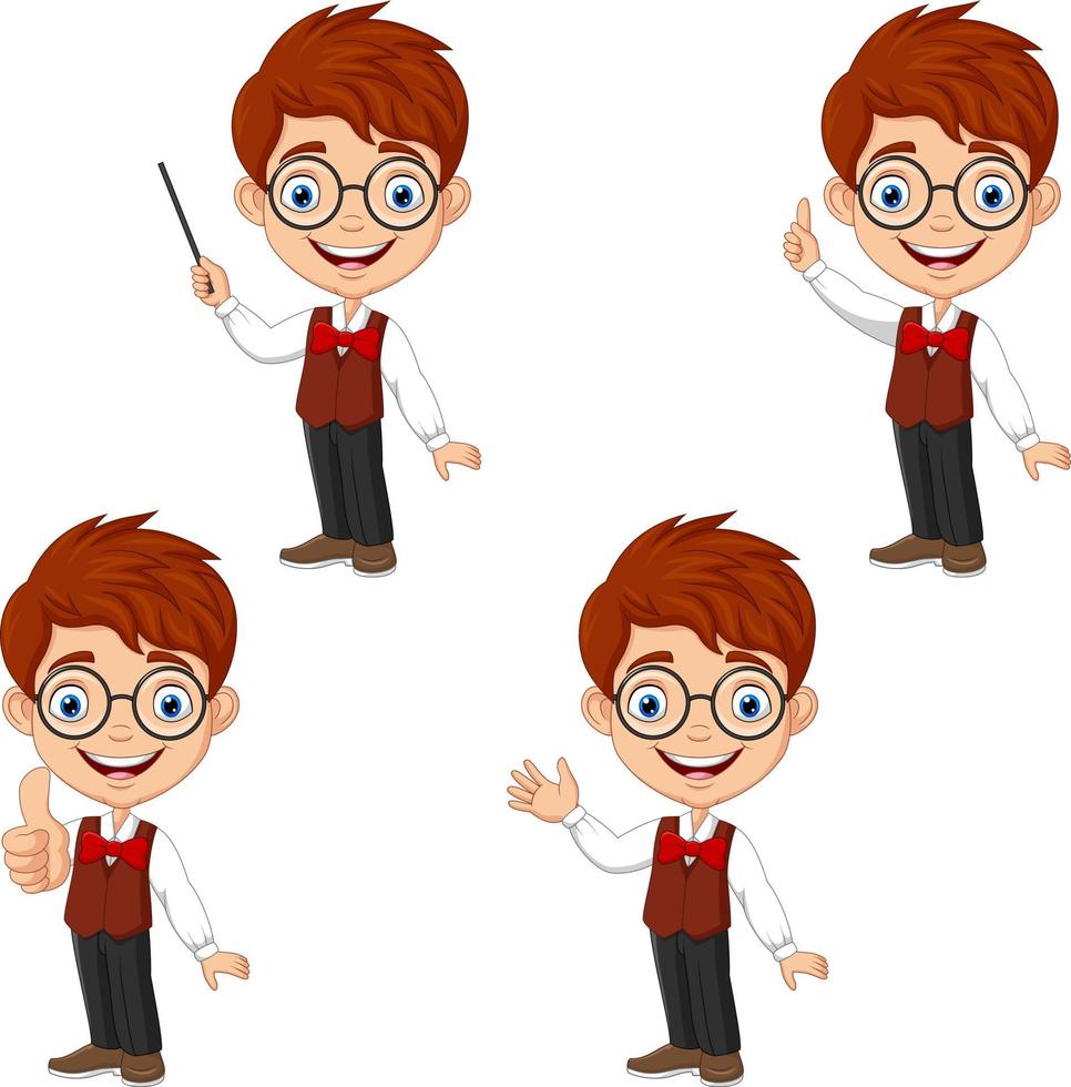 chico inteligente de dibujos animados en diferentes poses vector