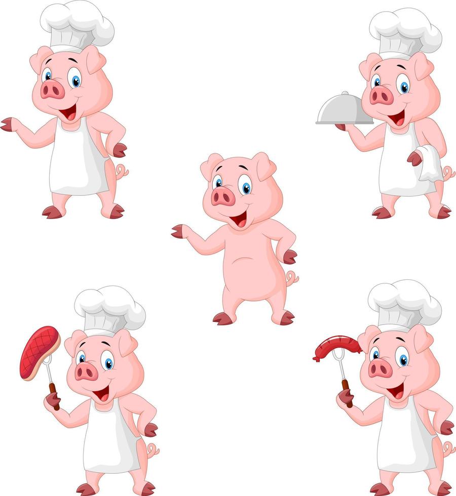 Cartoon pig chef collection set vector