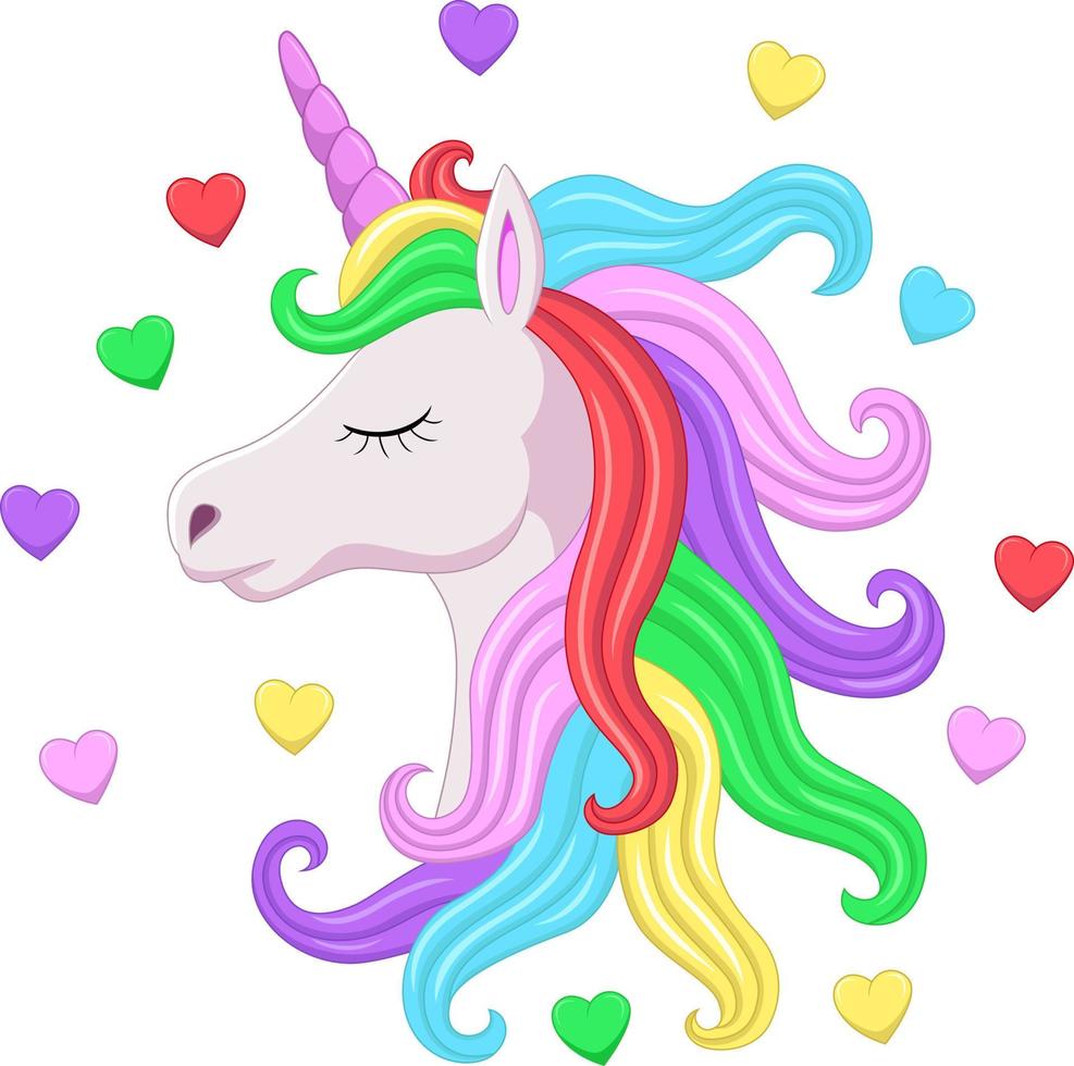 Cute pink unicorn head with rainbow mane and closed eyes vector