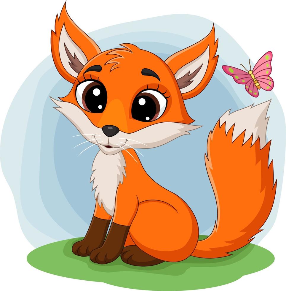 Cartoon happy fox sitting on grass vector
