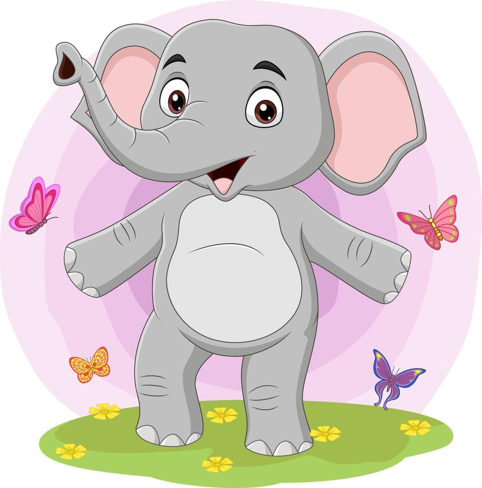 elefante feliz de dibujos animados con mariposas en la hierba vector