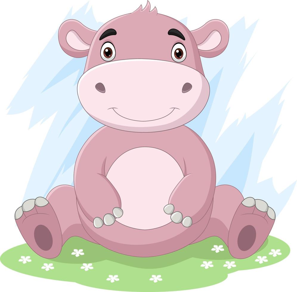 Cartoon cute baby hippo sitting in the grass vector