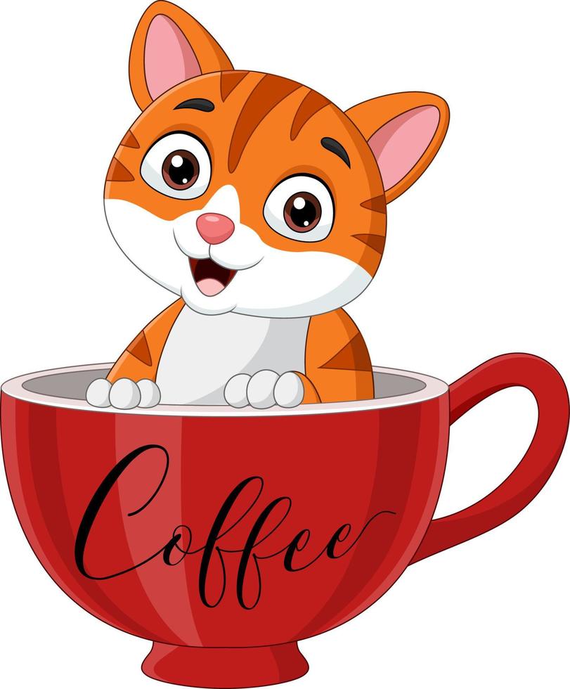 lindo gato sentado en una taza roja vector