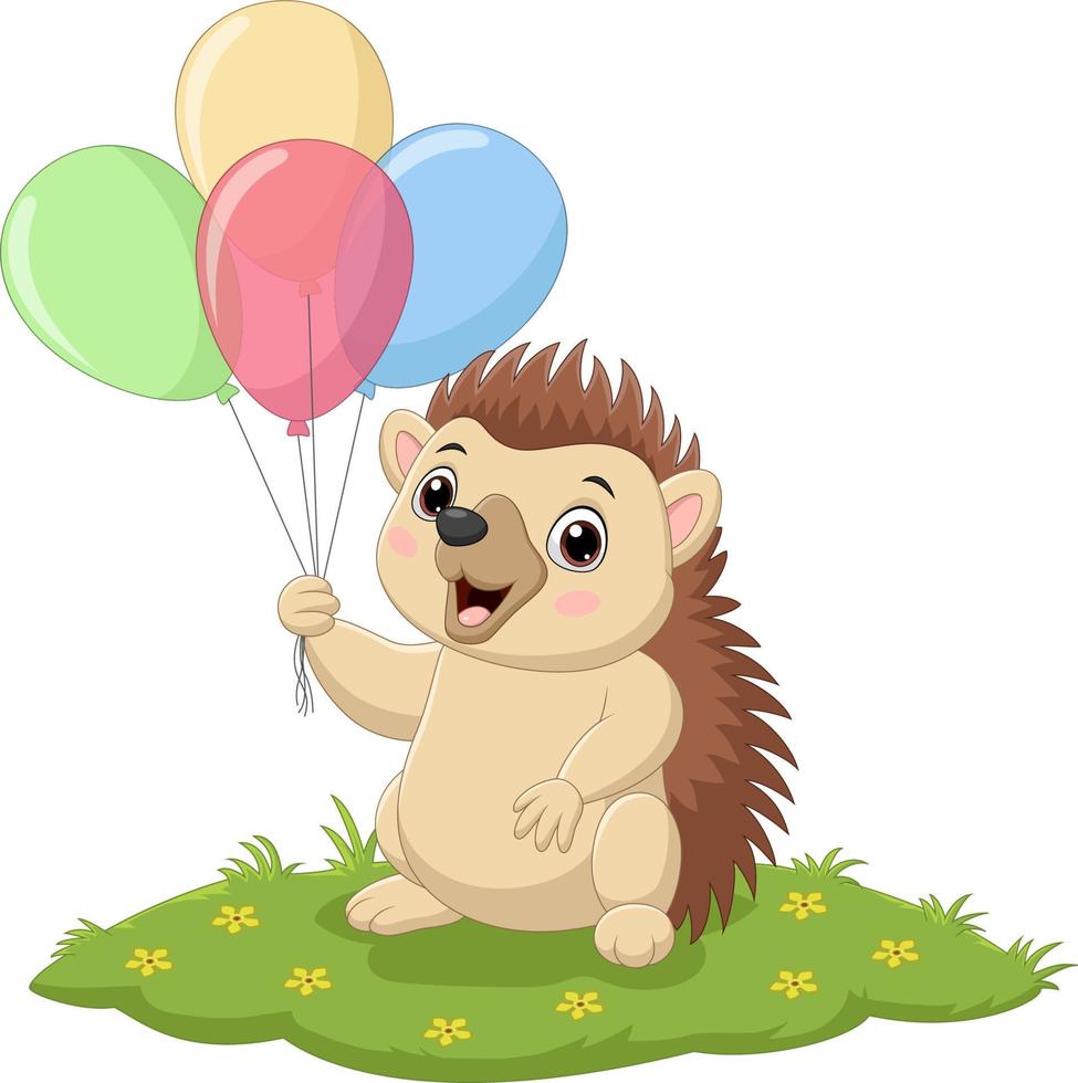 Cartoon hedgehog holding colorful balloons in the grass vector