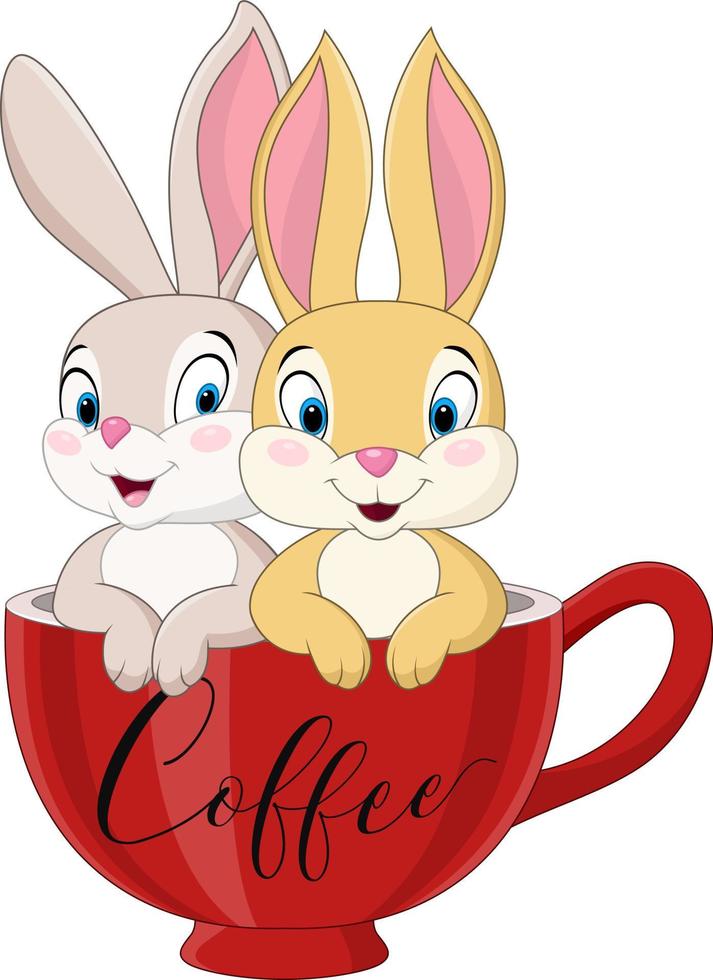 Cartoon couple rabbit in the coffee cup vector