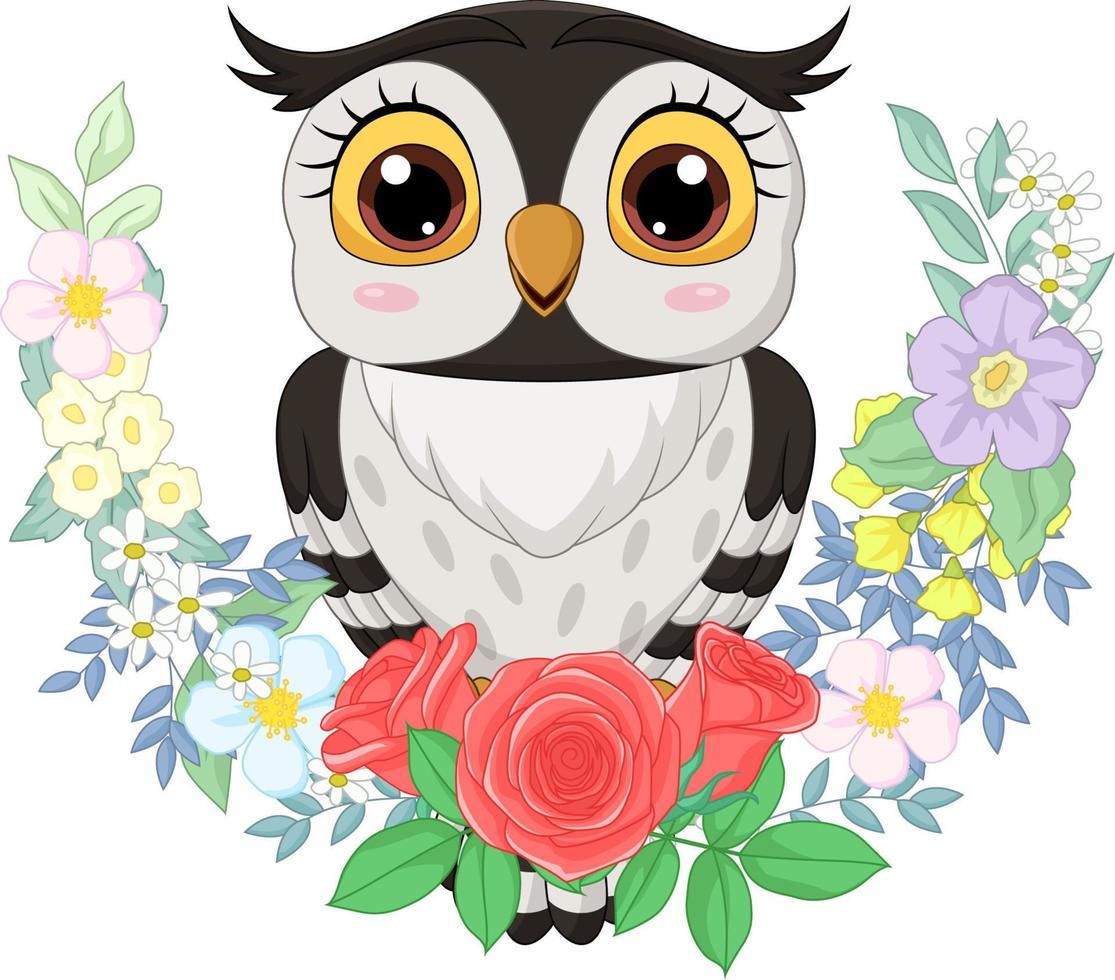 Cartoon owl with flowers background vector