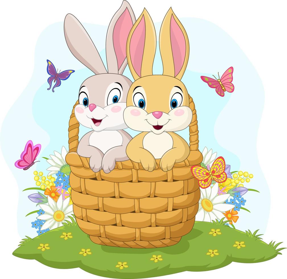 Couple rabbit cartoon in the basket vector