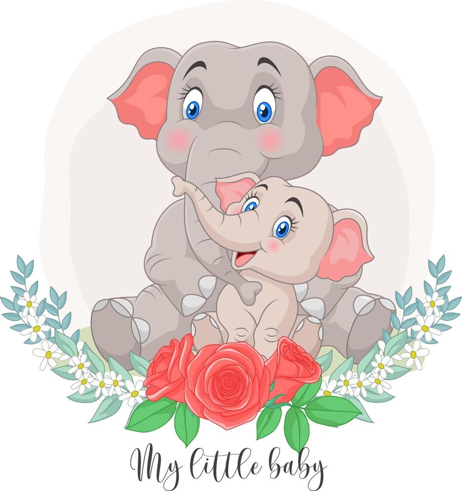 madre de dibujos animados y elefante bebé sentado con fondo de flores vector