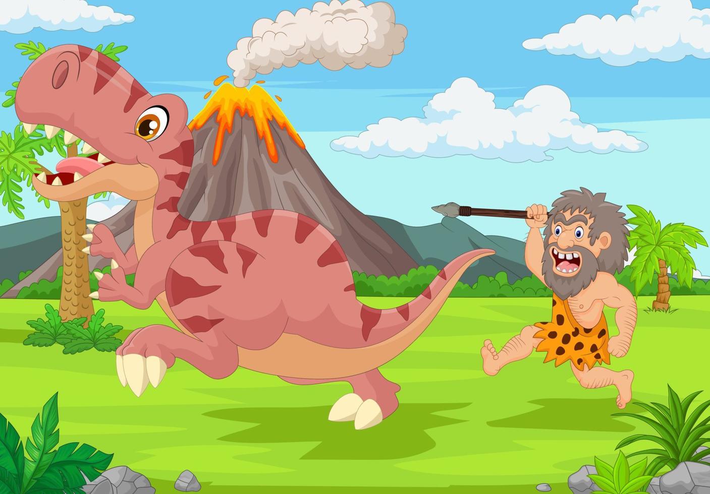 hombre de las cavernas de dibujos animados persiguiendo a un dinosaurio vector
