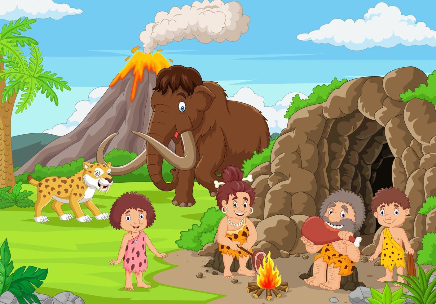 Cartoon ancient cavemen in stone age with mammoth and sabertooth vector
