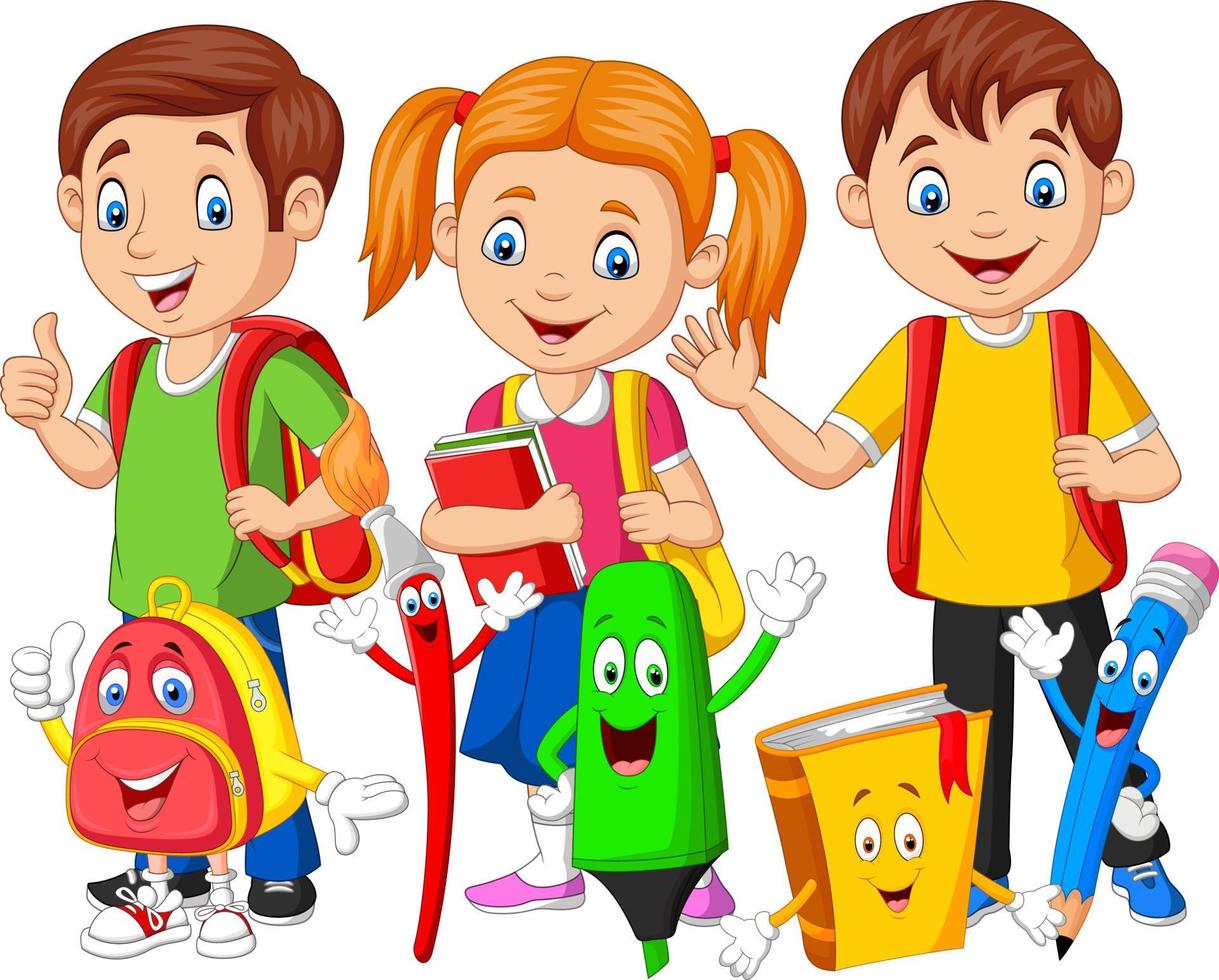 niños felices de dibujos animados con útiles escolares 5162465 Vector en  Vecteezy