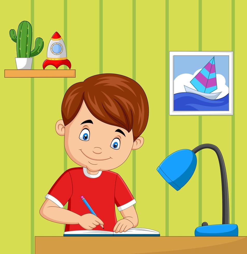 niño pequeño de dibujos animados estudiando en la habitación vector