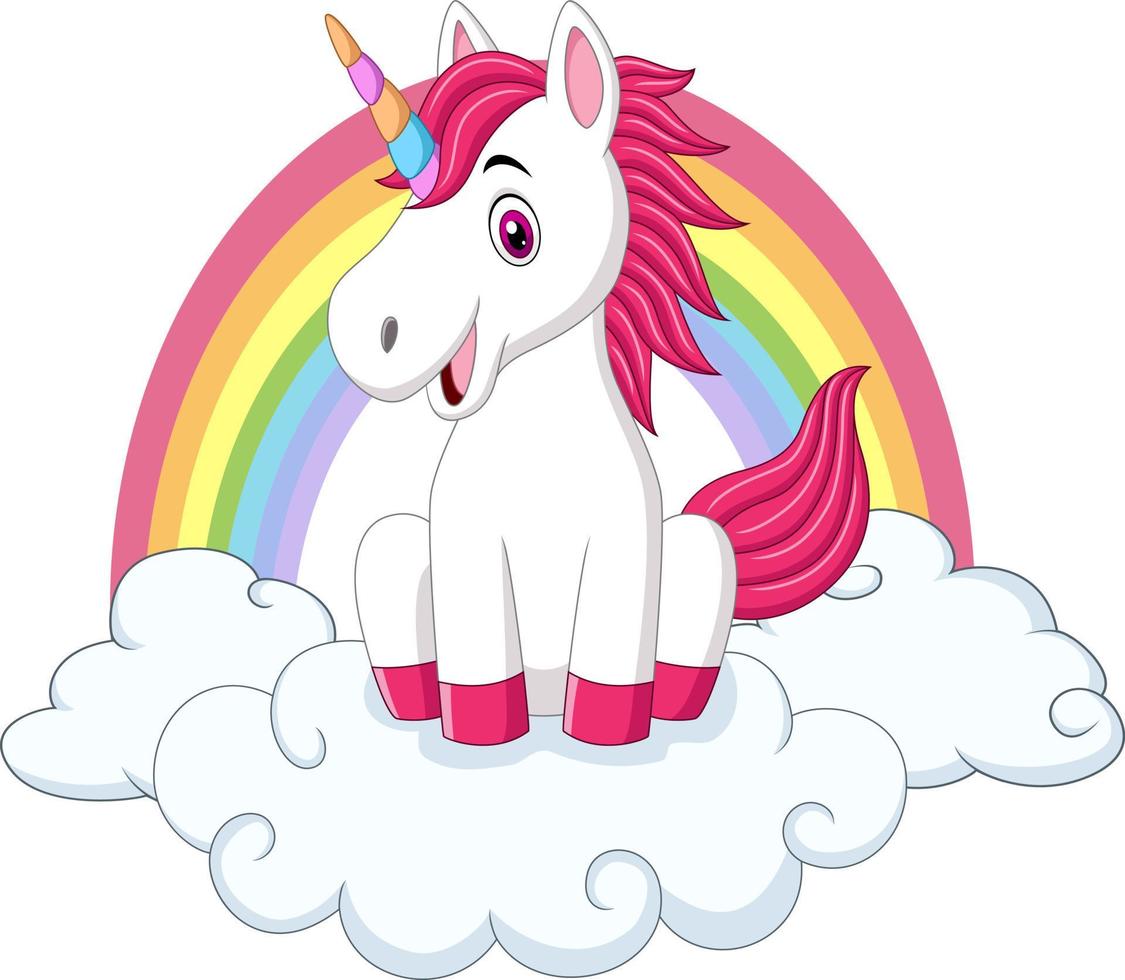 Cute little pony unicorn sitting on clouds vector