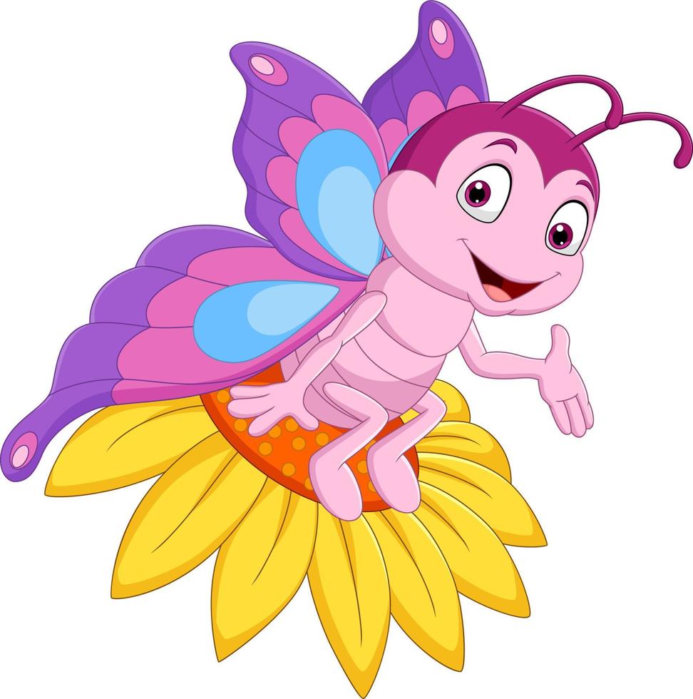 Cartoon funny butterfly sitting on the flower vector