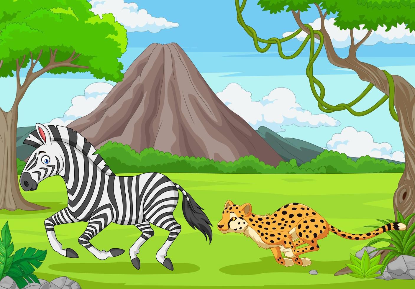 The cheetah is chasing a zebra in an African savanna vector