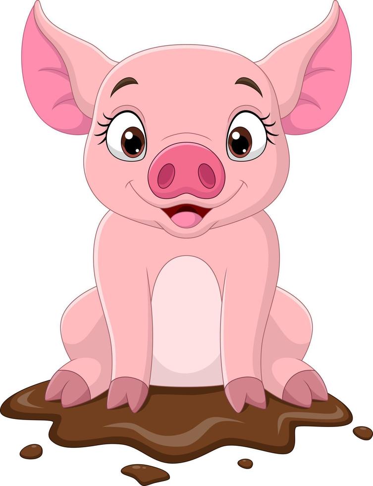 Cartoon funny pig sitting in the mud vector