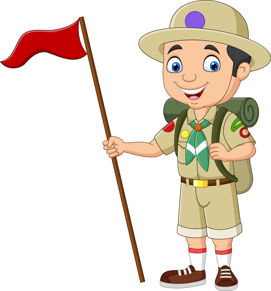 Cartoon boy scout holding red flag vector