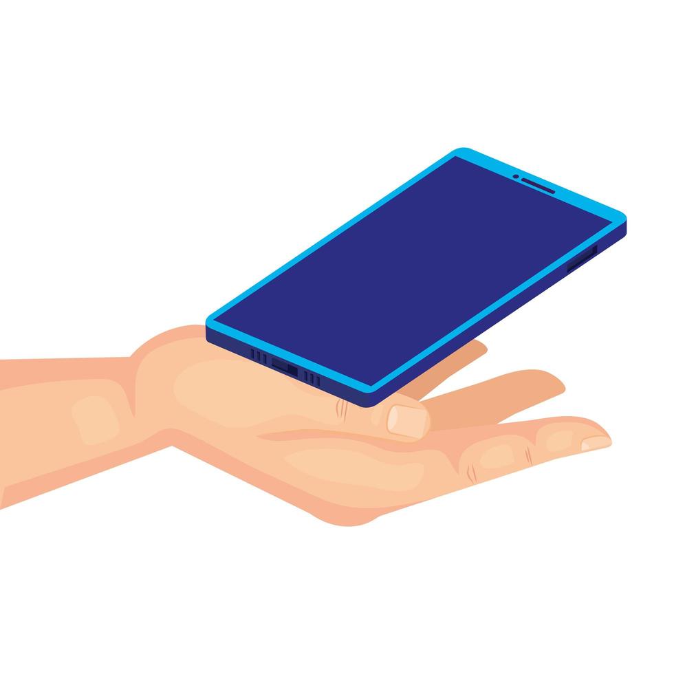 mano con teléfono móvil, dispositivo de teléfono inteligente sobre fondo blanco vector