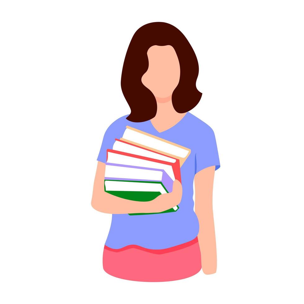 mujer ilustración plana con libros coloridos dibujos animados aislado en blanco icono lectura alfabetización día educación biblioteca concepto vector