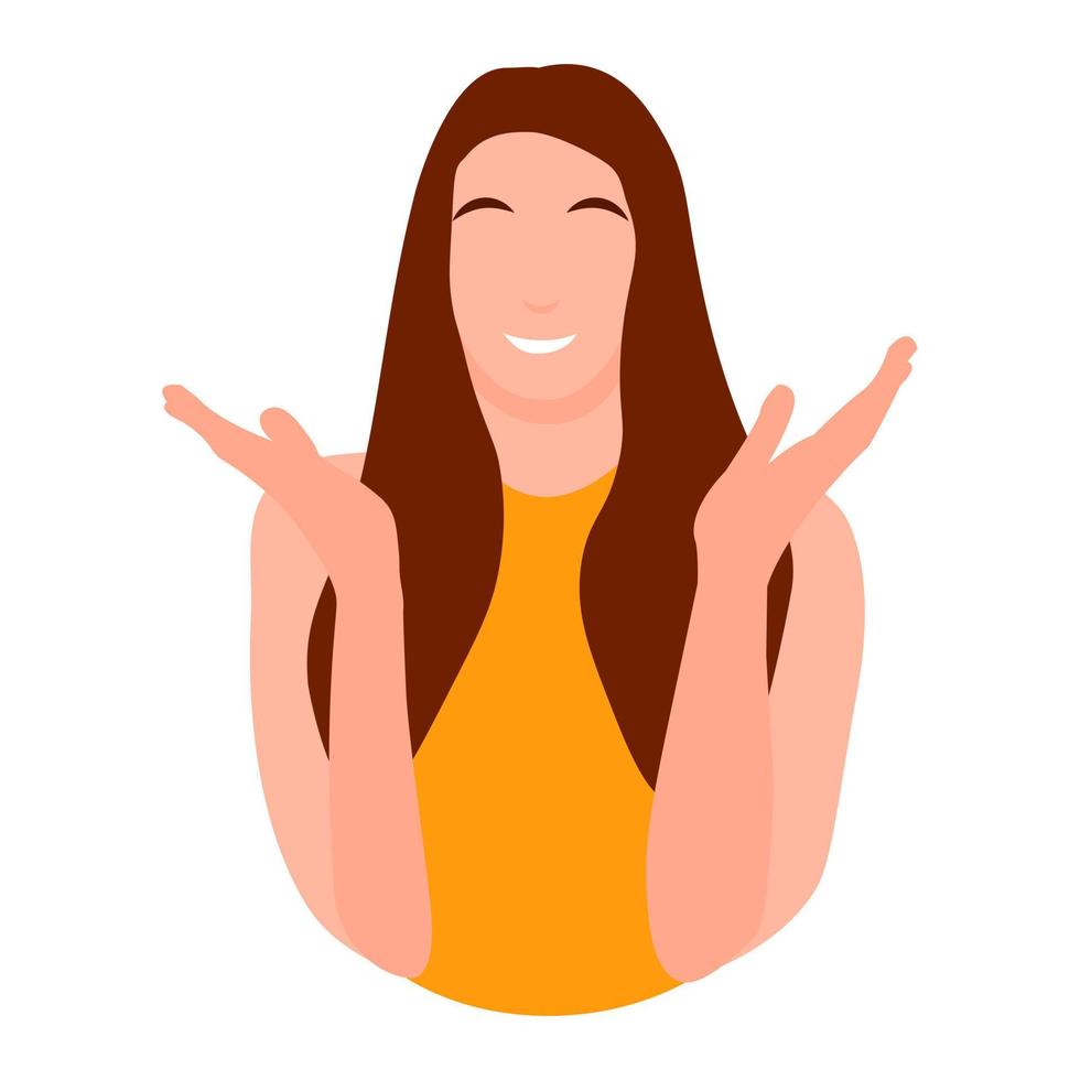 Woman character flat style illustration isolated on white cheerful smiling face hand sign gesture arm up vector