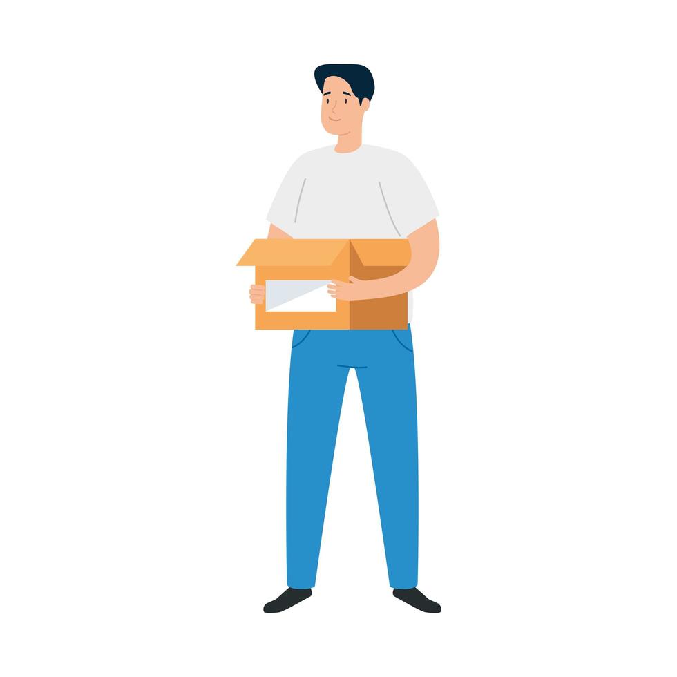 young man with box on white background vector