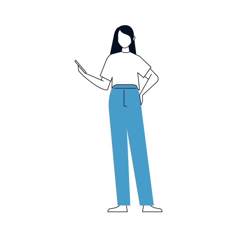 young woman using phone, smartphone device on white background vector
