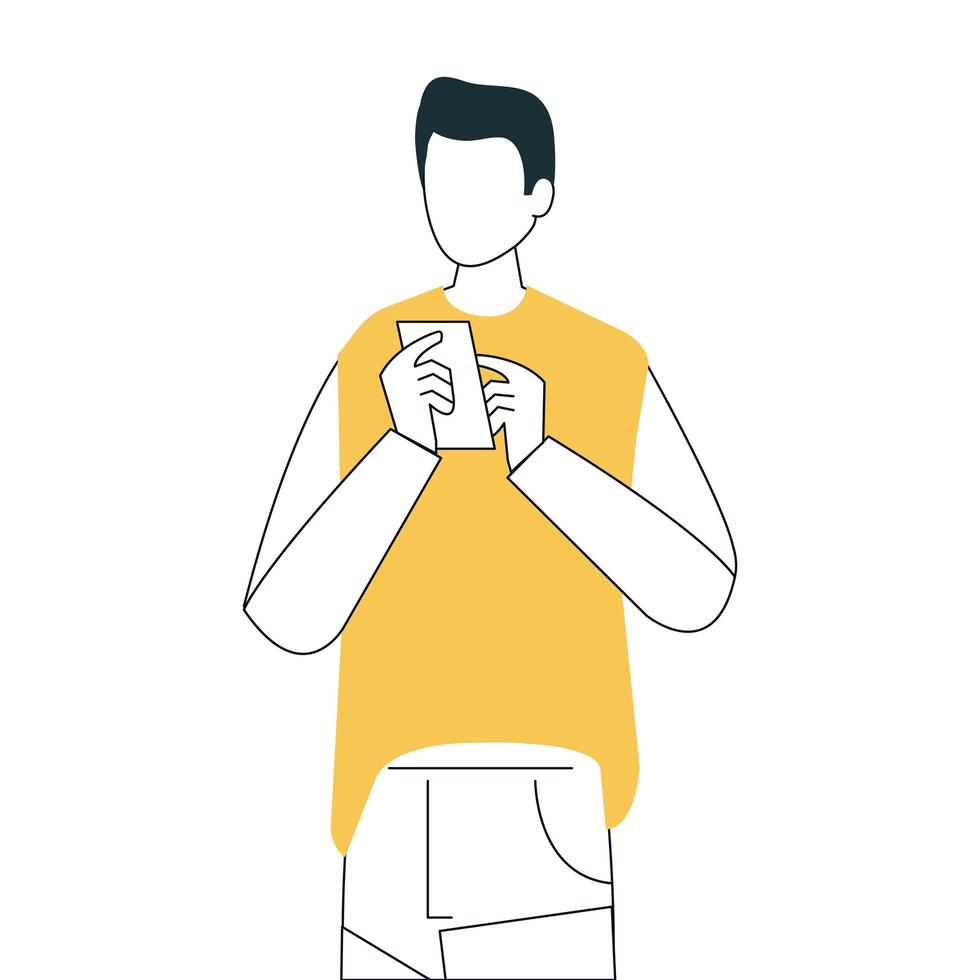young man using phone, smartphone device on white background vector